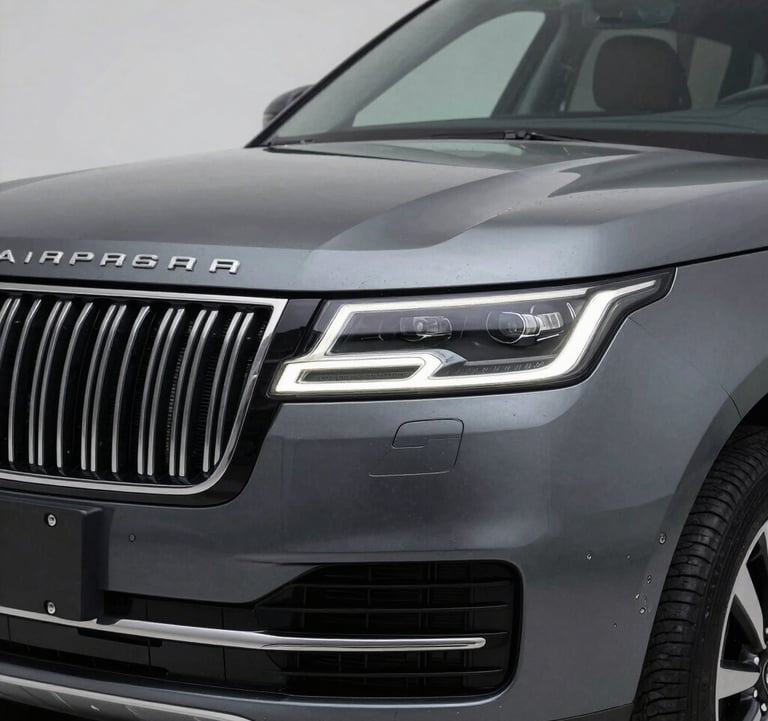 A close-up photograph of a premium luxury SUV grill and headlights, featuring a sleek charcoal grey finish, captured in a clean North American / US studio setting with soft lighting.