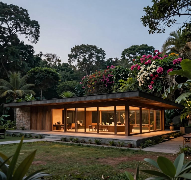 A serene photograph of a modern Krishna-inspired retreat building in a South Asian / Indian style. The architecture features natural materials and open spaces, surrounded by a dense, flowering food forest under a clear evening sky.