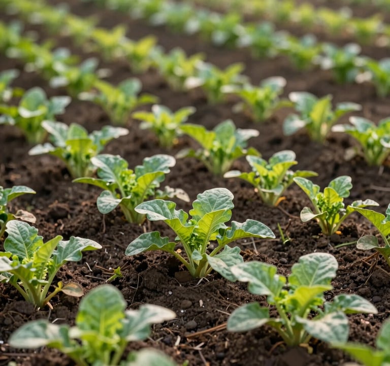 A close-up photograph of vibrant, thriving organic crops and multi-layered agroforestry in a South Asian / Indian farm setting. Rich dark soil is visible between healthy green plants, lit by soft afternoon sun, showing regenerative agriculture in action.