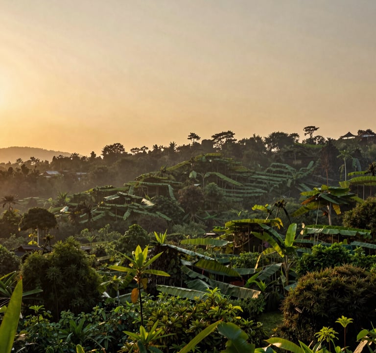 A photography of the sunset over the Kanhai Van biodiversity collective, highlighting the varied heights of the regenerative agroforestry canopy and the peaceful, sustainable atmosphere of the South Asian / Indian region.