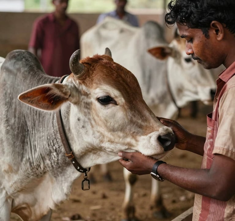 A heart-warming photography of a South Asian / Indian calf being cared for by a collective member. The focus is on the gentle interaction and the serene, earthy surroundings of the cow sanctuary.