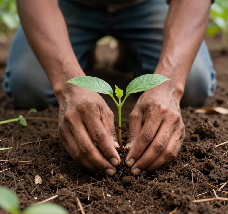 A close-up photograph of a South Asian person's hands planting a young sapling into rich, fertile soil in an agroforest. The composition focuses on the act of regenerative farming with soft morning light and natural textures.