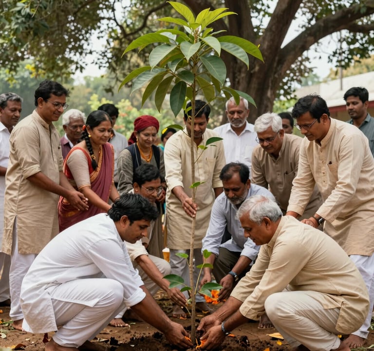 A photograph of a group of South Asian / Indian community members participating in a sacred tree-planting ceremony. The mood is joyful and reverent, with people dressed in light, earthy-toned traditional cotton clothing under the shade of mature trees.