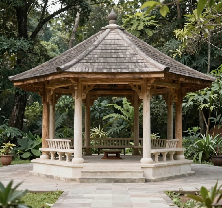 A wide shot of a serene outdoor meditation pavilion made of natural wood and stone in a South Asian forest setting. The style is elegant and inviting, utilizing a palette of soft forest greens and off-white.