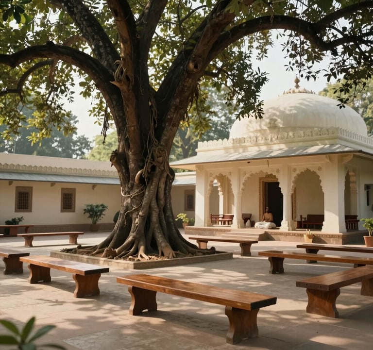A tranquil outdoor Vedic learning space at Kanhai Van with wooden benches under a large banyan tree. The South Asian / Indian architectural details of the nearby meditation hall are visible. The lighting is soft and natural, emphasizing a mood of wisdom and growth. Elements of light green and off-white are woven into the scene.