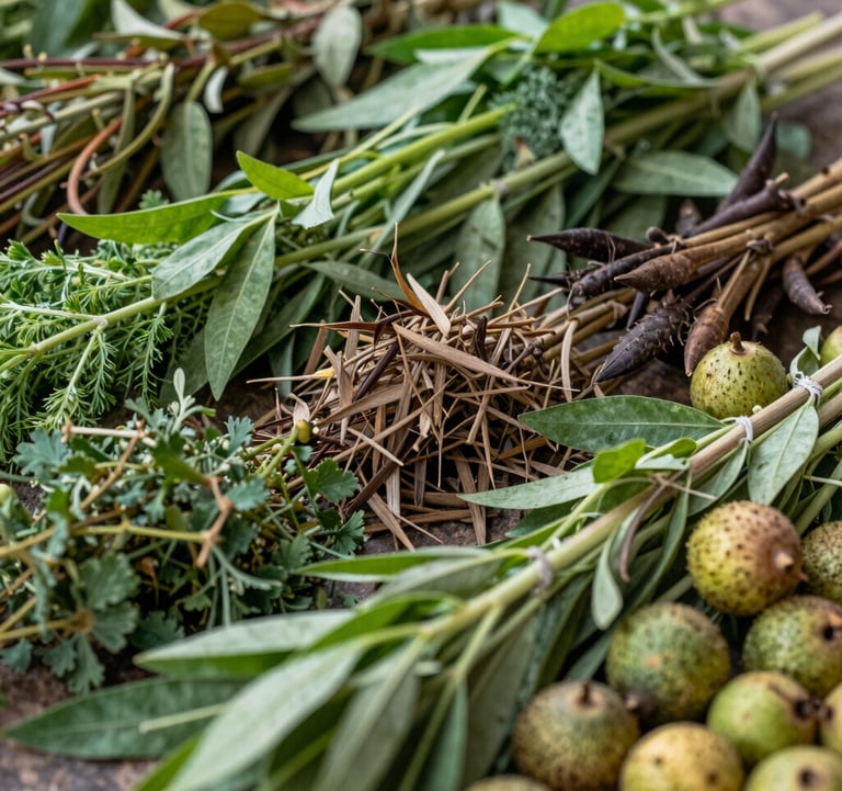A high-quality close-up of fresh, organic Ayurvedic herbs and fruits grown in the Kanhai Van collective. The colors are rich medium greens and earthy browns, captured in soft, natural daylight.