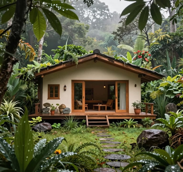 A high-quality photography of an eco-friendly Krishna retreat cottage made of natural stones and wood, nestled within a diverse food forest in South Asia. Morning dew on the leaves, vibrant biodiversity, and a sense of peaceful seclusion. The design is elegant and inviting, utilizing dark green and cream tones.