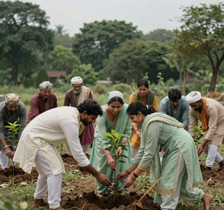 A group of people in traditional South Asian attire participating in a community tree-planting ritual. The scene is filled with joy and purpose, set in a landscape of dark green and light sage, with a focus on the shared action of regenerative care.