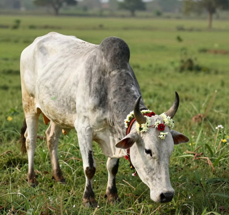 Photography of a majestic Indian cow decorated with a simple flower garland, grazing in a vibrant green pasture at a South Asian collective. The lighting is soft and natural, emphasizing peaceful coexistence.