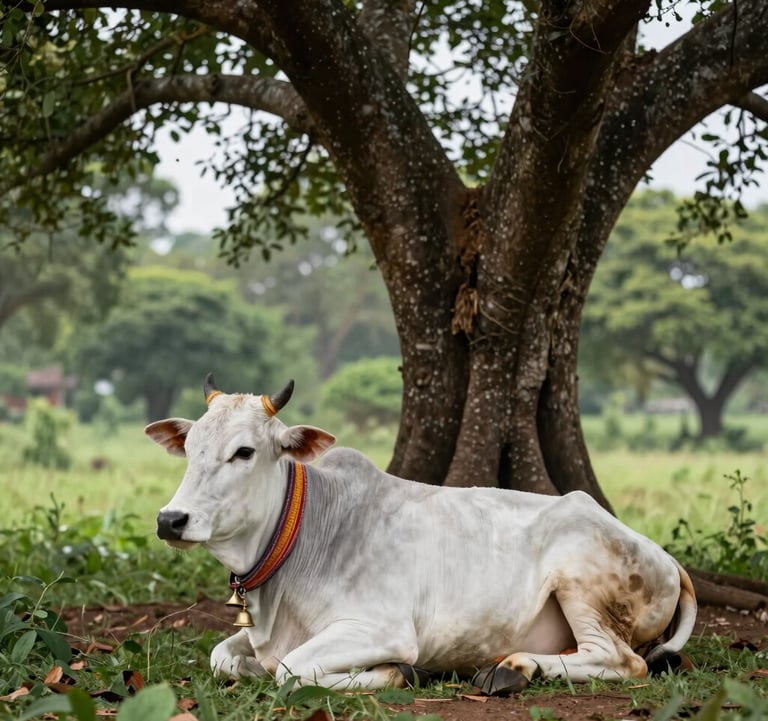 A serene South Asian landscape photograph of a healthy Gir calf resting under a large, ancient Banyan tree. The calf has traditional bells and a decorative cloth, symbolizing the sacred bond of Mother Cow Seva in a forest of light sage and deep green hues.
