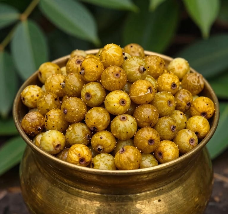 A detailed shot of a brass vessel filled with fresh, golden organic harvest including amla and turmeric, set against a dark green foliage background. The lighting is natural and earthy, highlighting the regenerative bounty of the South Asian landscape.