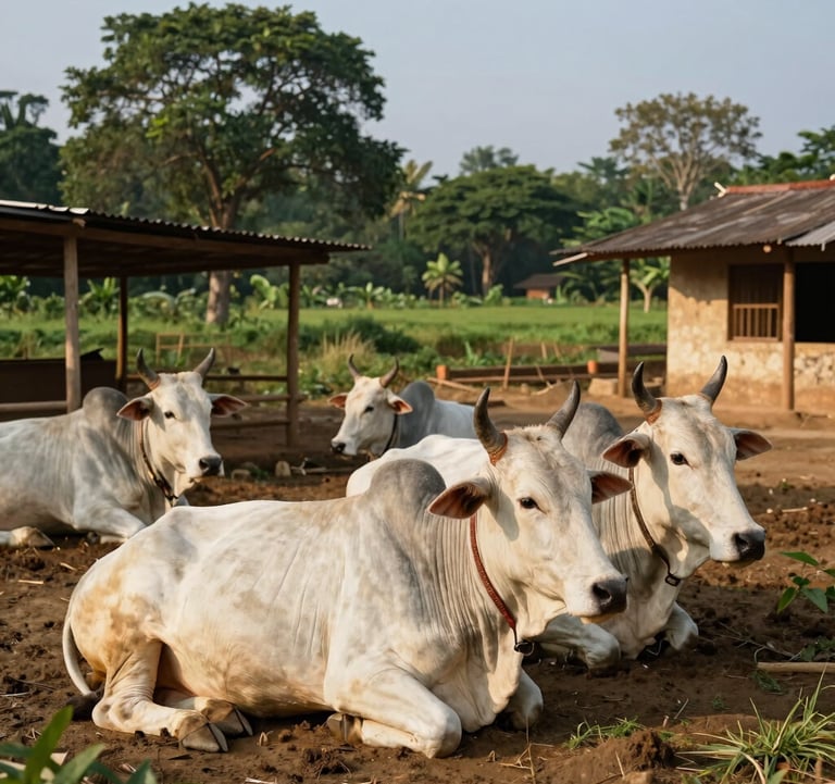 A pristine and clean traditional Goshala sanctuary in a South Asian / Indian rural landscape. Healthy, well-cared-for cows are resting in a structure built with sustainable materials. The scene is bathed in warm afternoon sun, reflecting regenerative abundance and the sacred practice of Gau Mata Seva. Palette includes earthy off-white and deep green.
