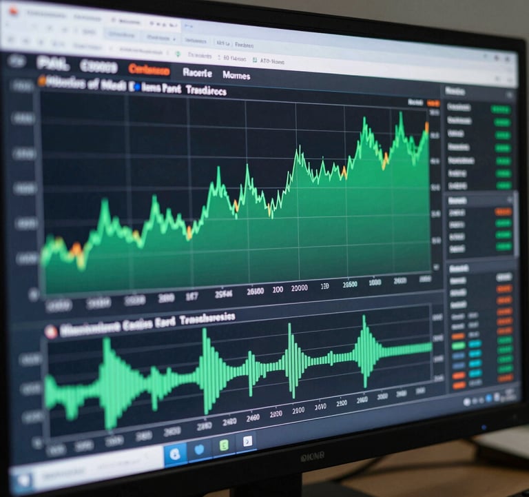 Detailed shot of professional trading software on a high-resolution display, showing institutional volume profiles in emerald green.