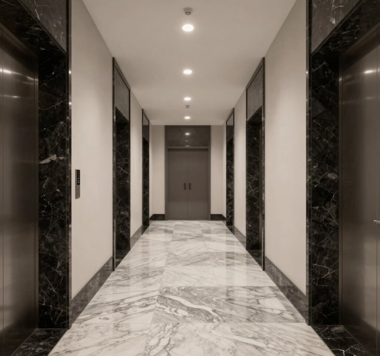 A refined, minimalist hallway of a global private bank with marble floors and obsidian accents, professional Western financial markets lighting.