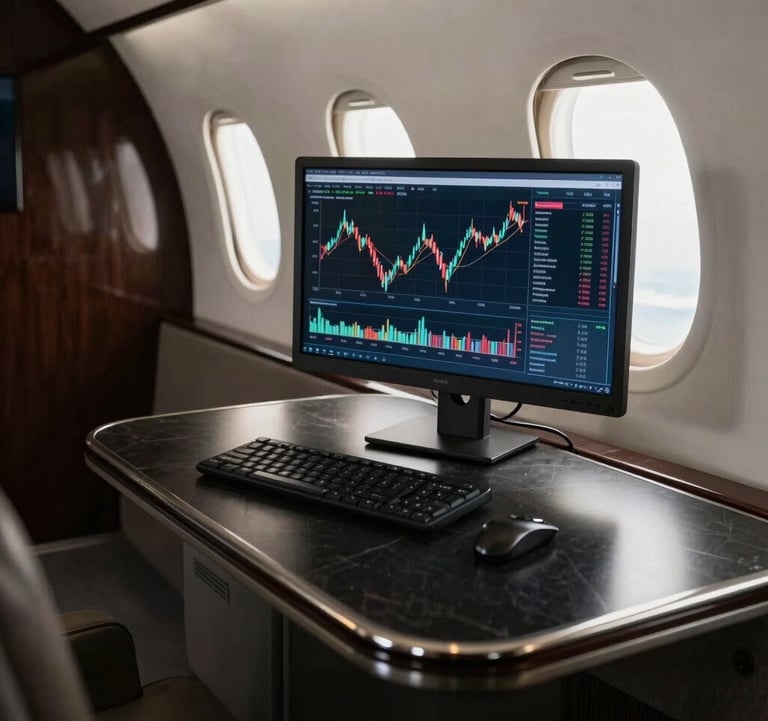 A premium lifestyle shot of a professional trading setup on a private jet cabin table. Natural window light, high-end materials, obsidian black and metallic accents. Global / Western financial markets.