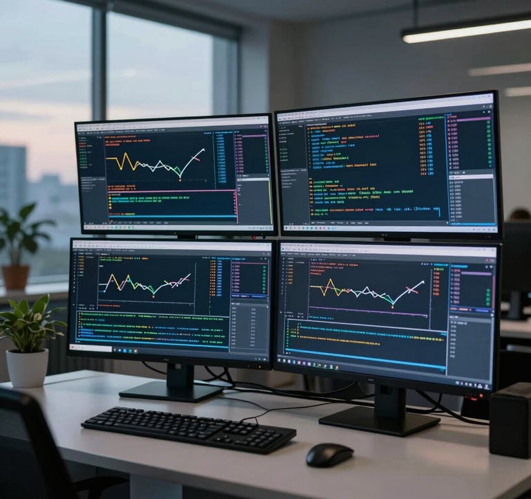 Clean, minimalist shot of multiple monitors displaying clean algorithmic trading models, cool evening lighting, professional atmosphere in a high-end office.
