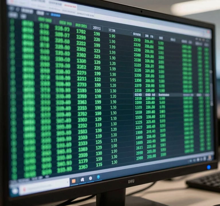 Close-up of high-speed institutional trading data streaming on an obsidian glass monitor with emerald green highlights, sleek and professional Western financial market style.