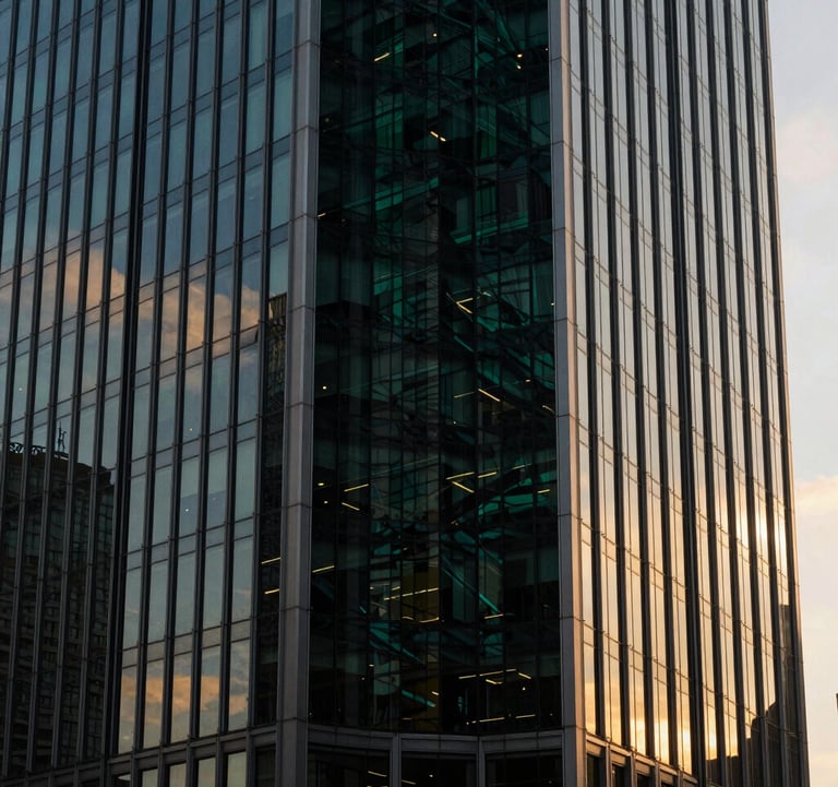 Abstract shot of a modern financial skyscraper in a Western market, with dark glass reflecting a deep green and gold sunset.