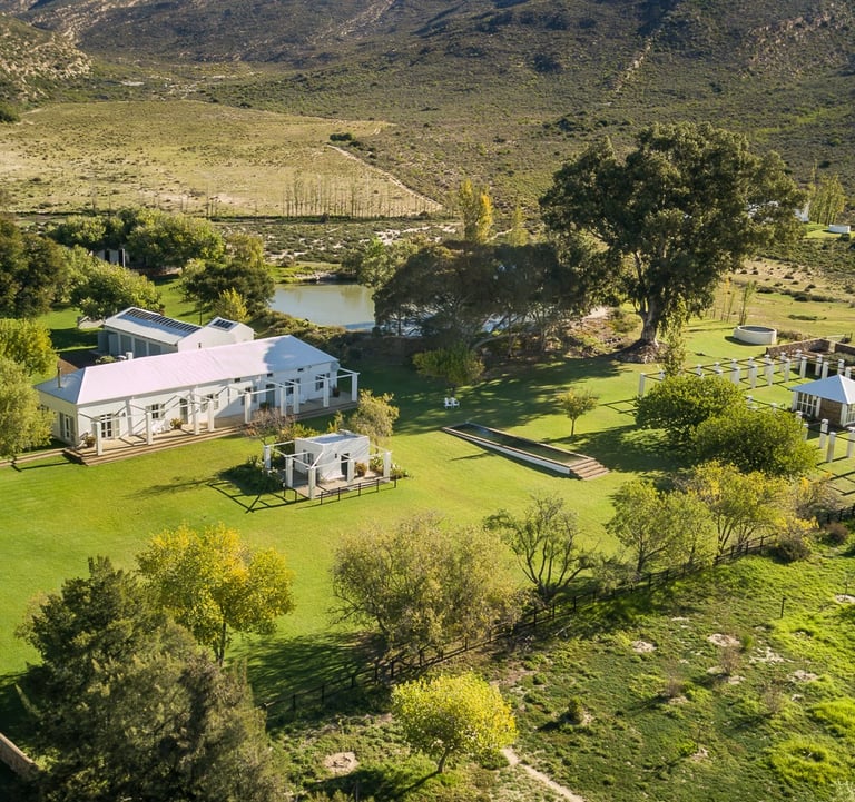 Aerial view of Reubens Choice luxury estate with white buildings and lush green lawns in a valley.