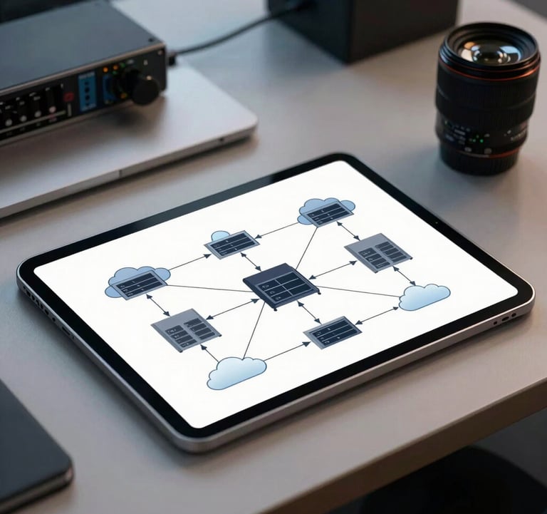 A photograph of a tablet displaying a technical networking diagram with lines connecting servers and clouds, placed on a modern French desk with a professional background.