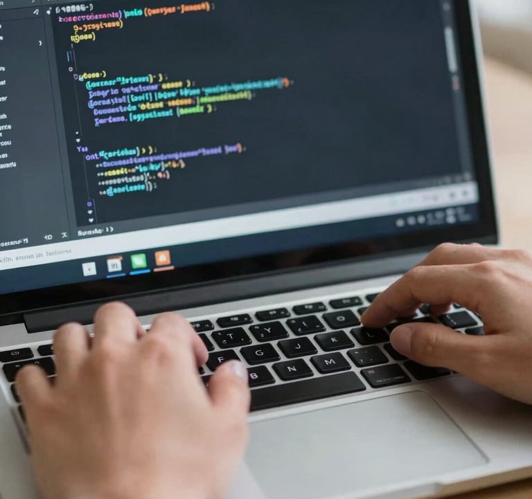 A close-up shot of hands working on a laptop keyboard showing a command line interface with professional coding and system configurations, clean lighting.