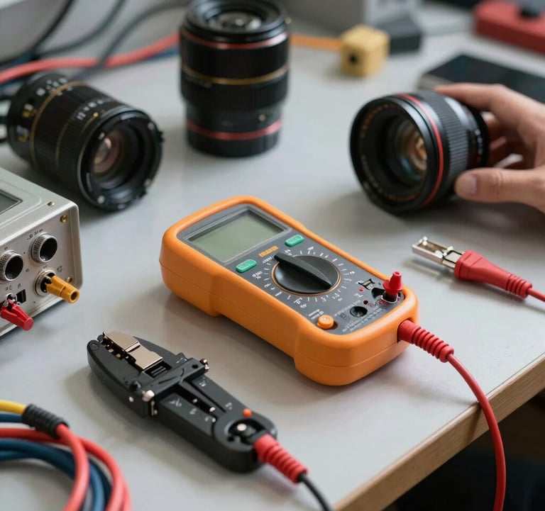 A professional shot of various network tools, a multimeter, and crimped cables on a workshop table, signifying technical network installation expertise.