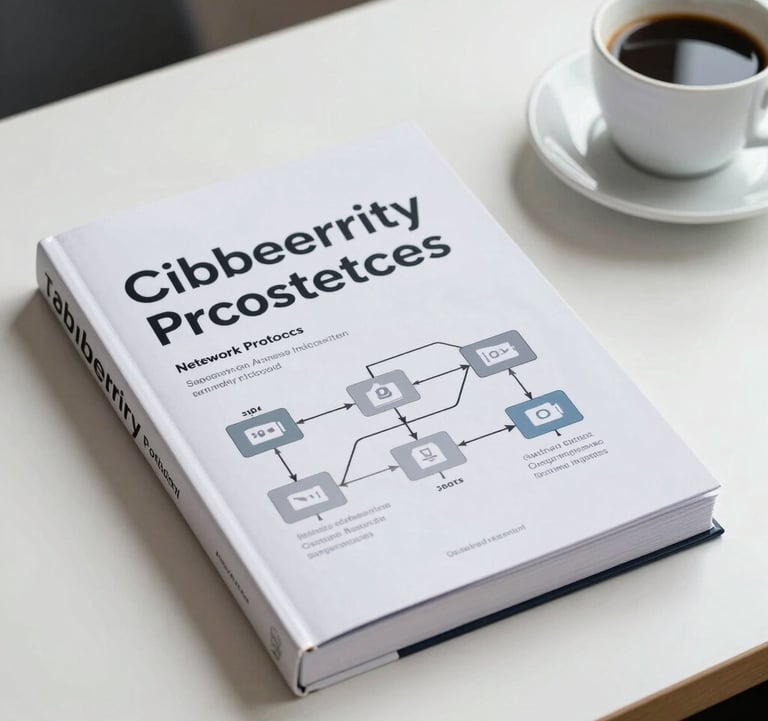A detailed shot of a technical book about cybersecurity and network protocols resting next to a cup of coffee on a clean white desk, professional lighting.