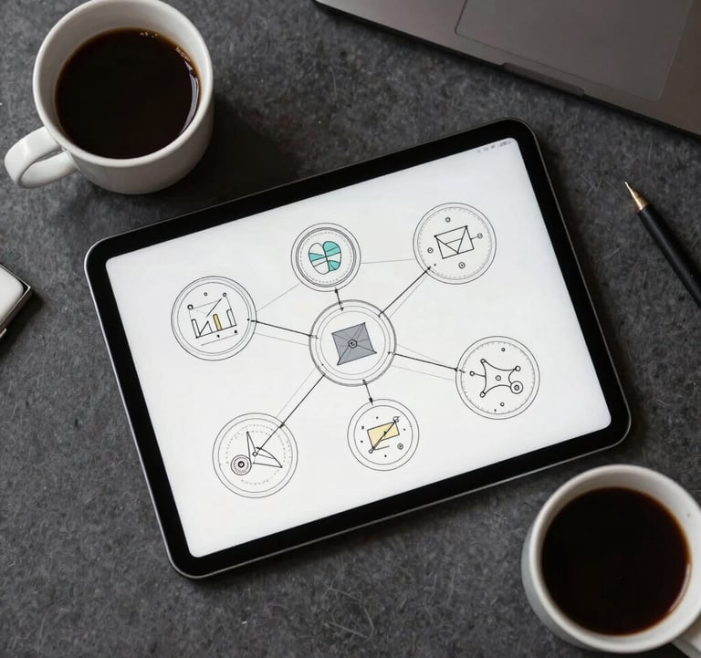 Clean, top-down view of a professional French workspace including a tablet showing a technical network diagram and a cup of coffee, symbolizing analytical work and design.