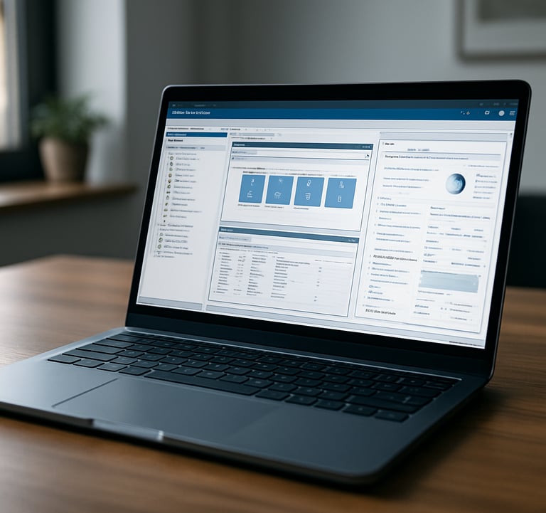 Photography of a modern server interface on a laptop screen in a French corporate office, focusing on virtualization and system management windows, soft natural lighting.