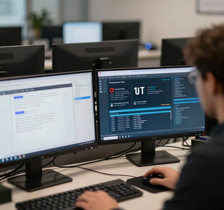A photograph showing a workspace with multiple computer screens displaying network monitoring tools and real-time security alerts, professional atmosphere in France.