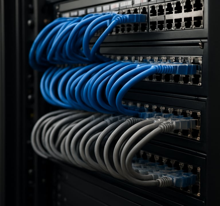 A professional close-up of a server rack with blue and grey ethernet cables neatly organized, French data center environment, sharp focus on technical details.