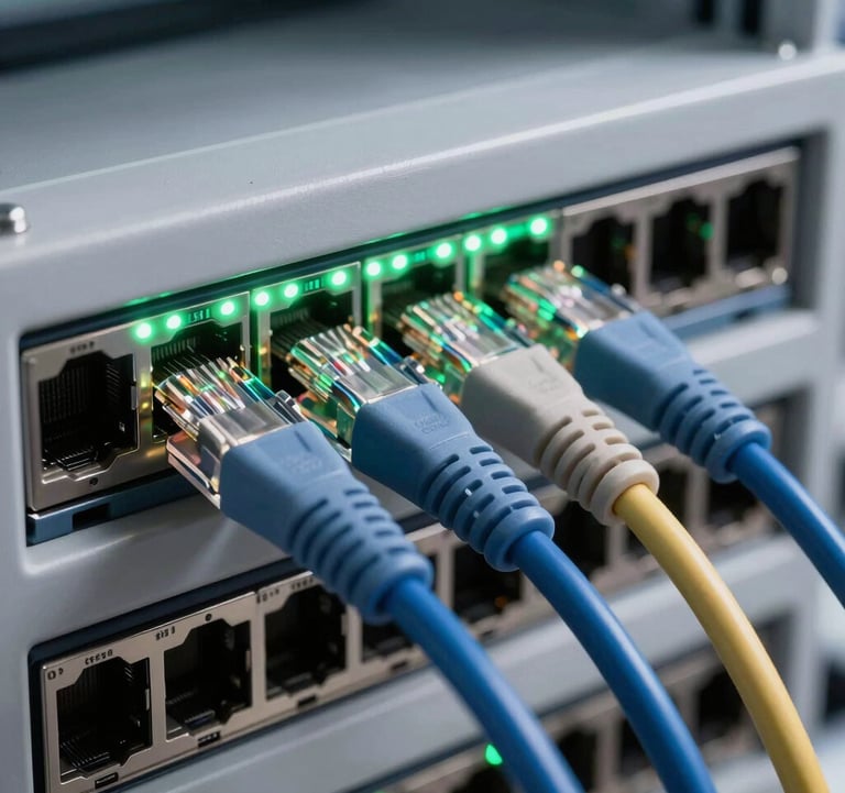 Professional close-up of high-quality ethernet cables plugged into a Cisco switch with blinking green lights in a clean French network lab environment, technical and structured composition.