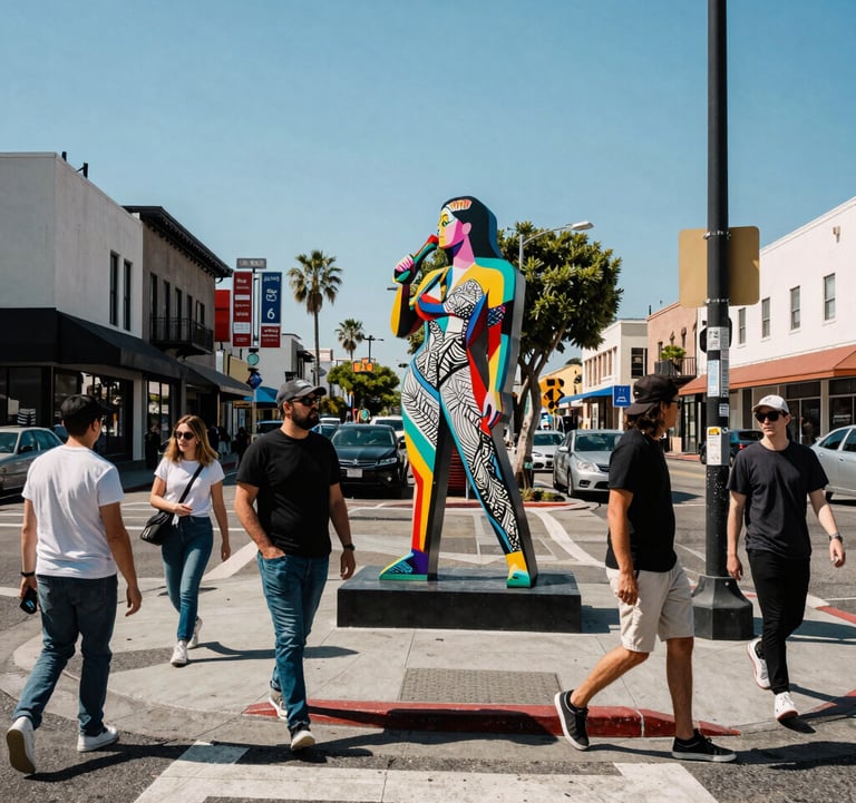A vibrant daytime street scene showing a public art installation on a West Hollywood street corner. People are walking by in stylish, casual attire. Bright sunlight, clear blue sky, North American / West Hollywood.