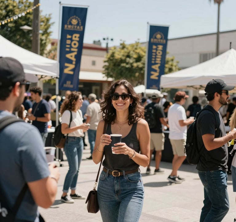 A medium shot of a local West Hollywood community event in an open-air plaza. Sophisticated branding banners in navy and gold are visible in the background. Energetic and inclusive mood, bright daylight, North American / West Hollywood.