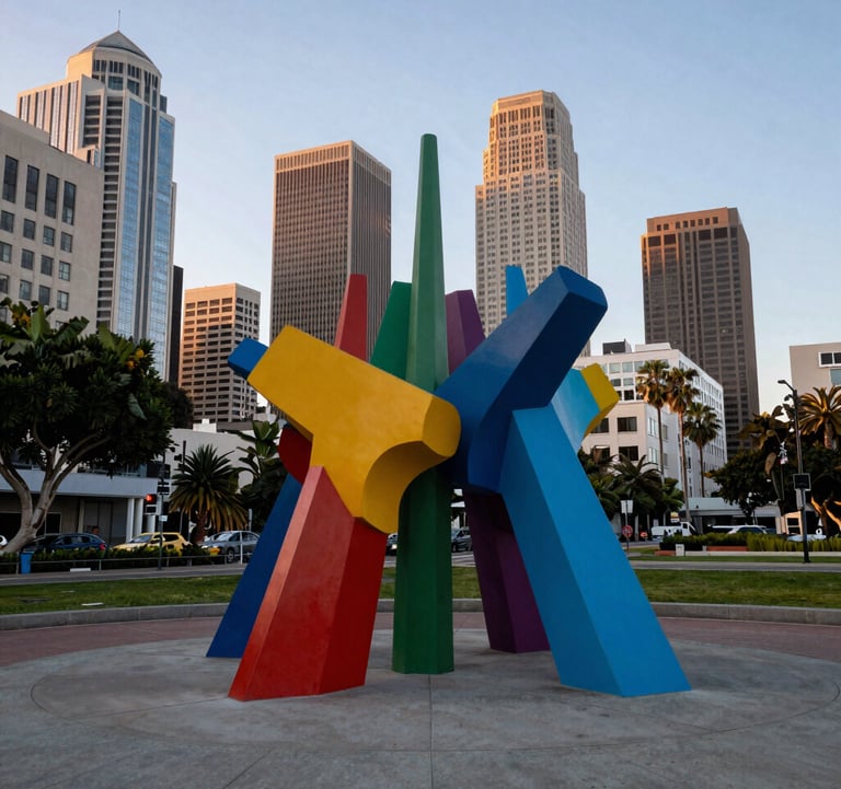 Detailed shot of a public art installation in a West Hollywood park, featuring vibrant colors and contemporary sculpture style, with architectural silhouettes of the city in the background, North American West Hollywood setting.