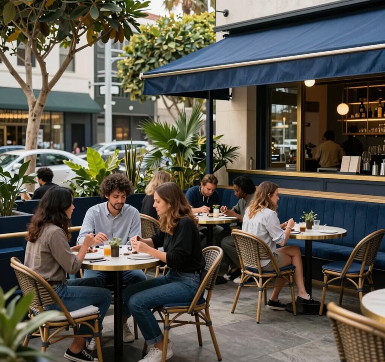 An inviting outdoor cafe patio in West Hollywood, featuring blue and gold accents, diverse patrons enjoying the creative atmosphere, and lush urban greenery, captured in a high-end lifestyle photography style, North American.