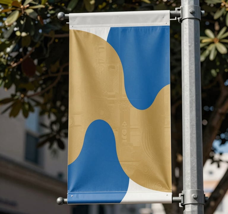 A close-up of a stylish street banner in West Hollywood displaying abstract creative designs in gold and medium blue, with soft sunlight filtering through nearby trees.