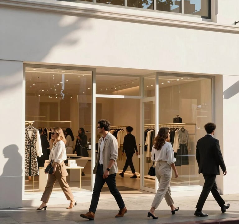 Clean, bright photography of a modern boutique storefront in West Hollywood with a diverse group of people walking by, reflecting high-end inclusive commerce and North American urban design, lit by warm California afternoon sun.