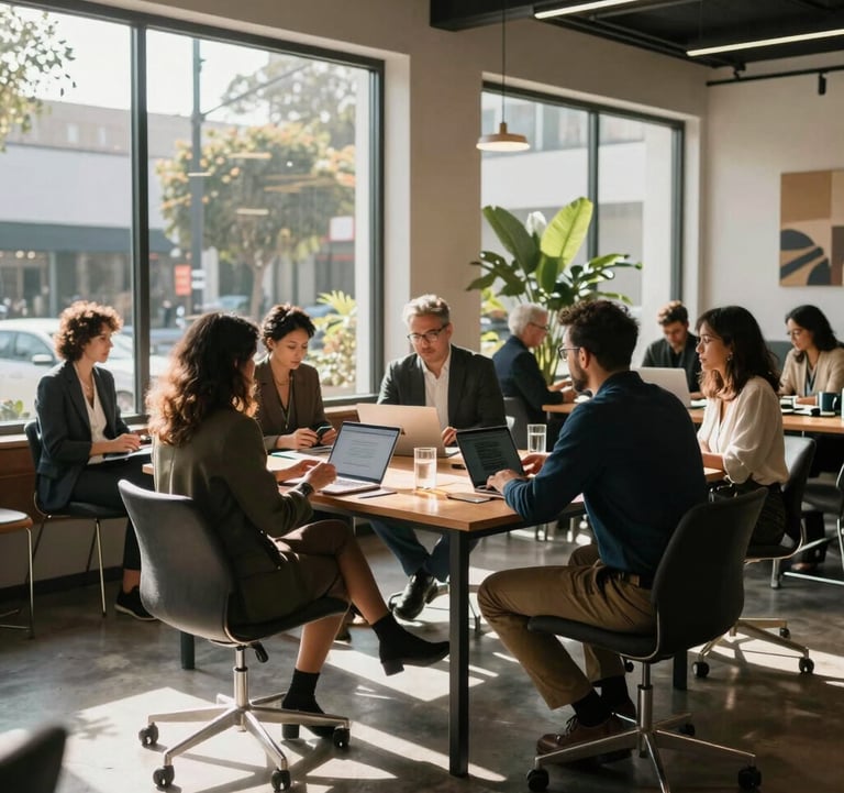 An interior shot of a sophisticated co-working space in West Hollywood, featuring professionals of various backgrounds engaged in a meeting, with sunlight streaming through large windows. North American / West Hollywood.