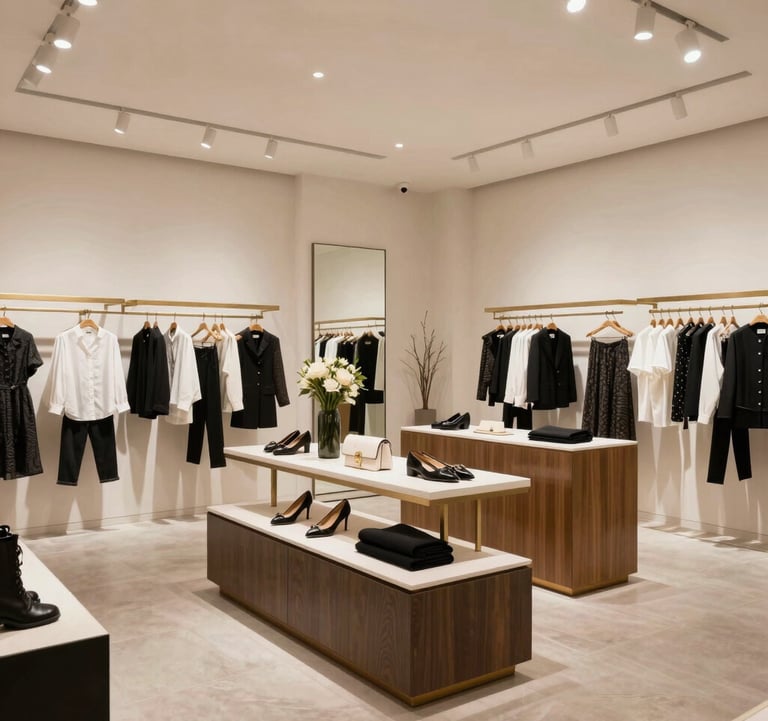 An interior shot of a sophisticated, modern retail boutique in West Hollywood, featuring clean lines, high-end fashion displays, and professional North American lighting.