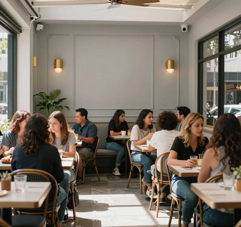 A vibrant outdoor cafe scene in West Hollywood at mid-day, showing inclusive community engagement with people in a North American setting surrounded by light gray and gold decor.