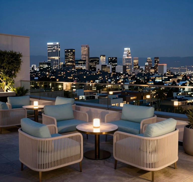 An elegant evening view of a hotel rooftop lounge in West Hollywood, overlooking the city lights. Sophisticated lighting, modern furniture in light blue and off-white tones, North American / West Hollywood.