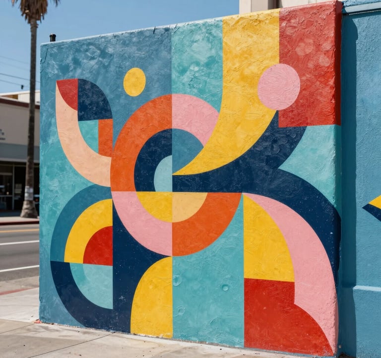 A vibrant close-up of a contemporary street art installation in a West Hollywood creative district, highlighting bold colors and innovative design in a bright, sunny setting. North American / West Hollywood.