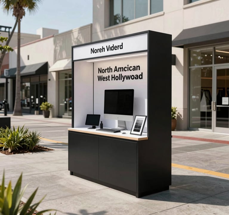 A high-quality daytime shot of a stylish marketing display on a West Hollywood sidewalk, surrounded by clean urban landscaping and modern retail buildings. North American / West Hollywood.