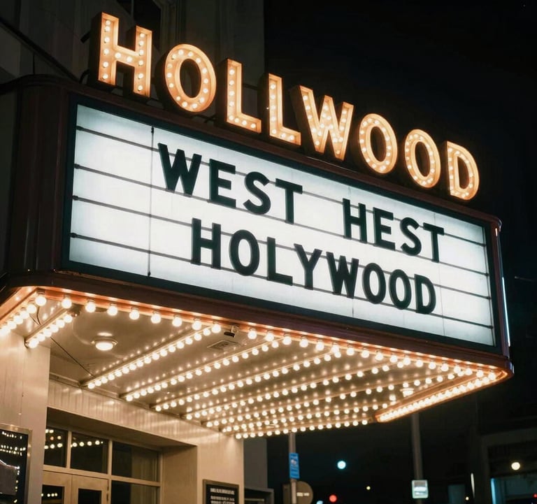 A night shot of a West Hollywood theater marquee with bright lights, representing the city's entertainment and culture scene in a sophisticated North American context.