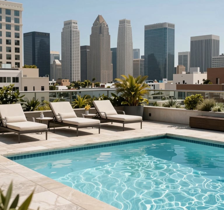 A high-end rooftop pool deck at a West Hollywood luxury hotel, overlooking the city skyline with stylish lounge chairs and light blue water under clear daylight.