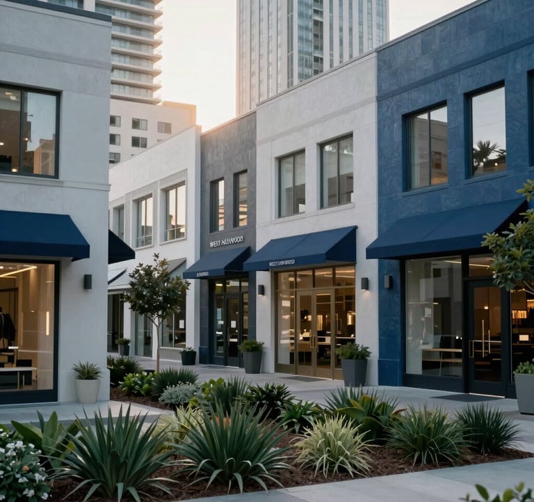 A crisp morning shot of the West Hollywood Design District, featuring clean architectural lines, lush landscaping, and high-end storefronts in light gray and dark blue.