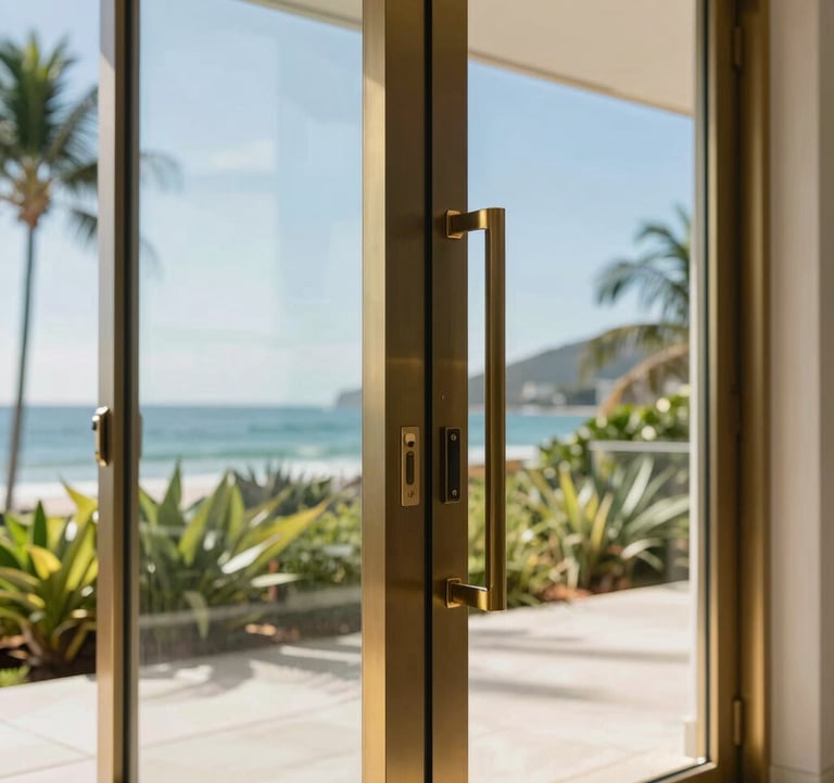 Close-up of a massive modern glass pivot door with gold-toned metal accents in a high-end Brazilian coastal residence, bright natural daylight illuminating the textures of the frame and surrounding greenery.