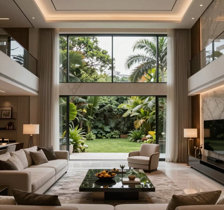 Internal view of a double-height luxury living room in Sao Paulo, featuring expansive slim-profile window frames that capture the lush outdoor garden, soft cinematic lighting, elegant modern interior design.