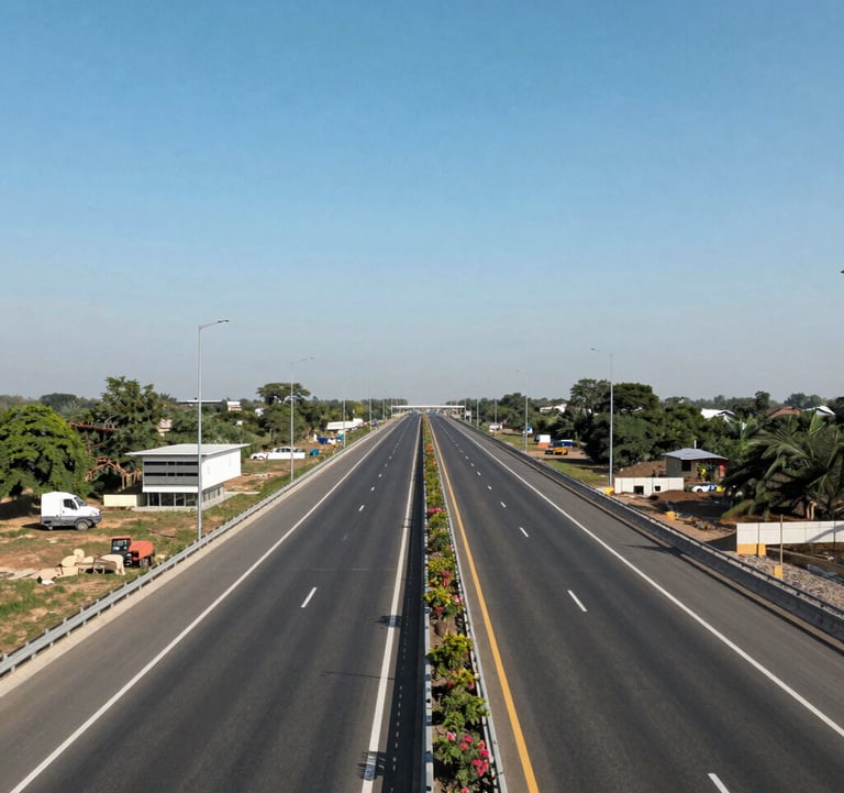 A wide-angle shot of a new multi-lane expressway in India, the Amritsar-Jammu-Katra corridor, with modern infrastructure and clear blue skies, symbolizing rapid growth.